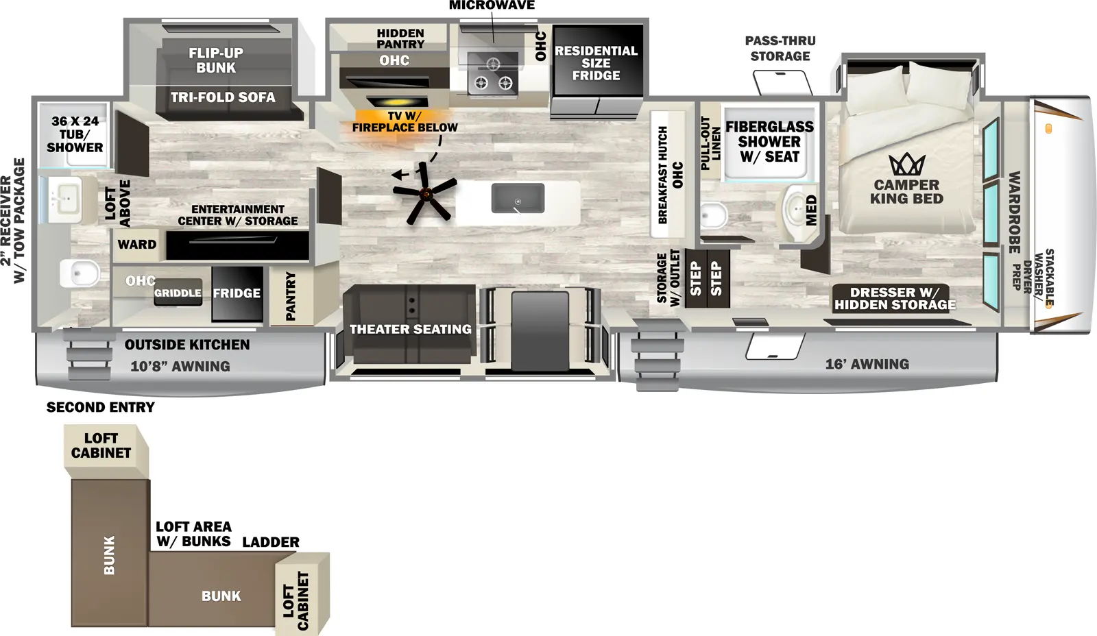 The Sabre 38DBL floorplan has two entries and four slide outs. Exterior features include: fiberglass exterior, 10'8" & 16' awning and outside kitchen. Interiors features include: bunk beds, loft, kitchen island, free-standing dinette option, front bedroom, rear bathroom and two full bathrooms.